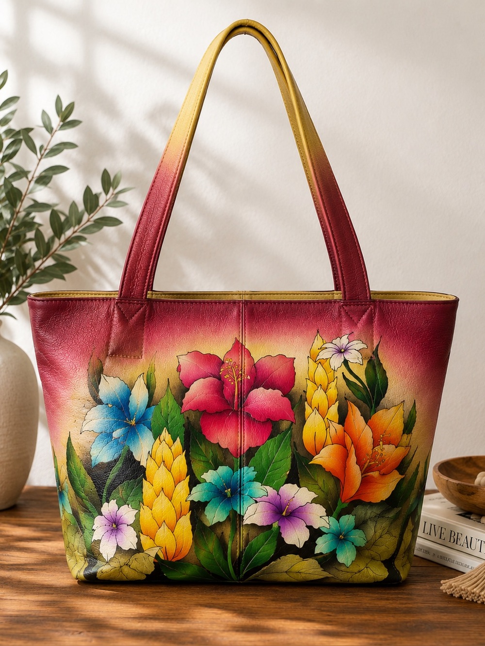 Anna by Anuschka Hand Painted Leather Floral Tote Shoulder Bag Black